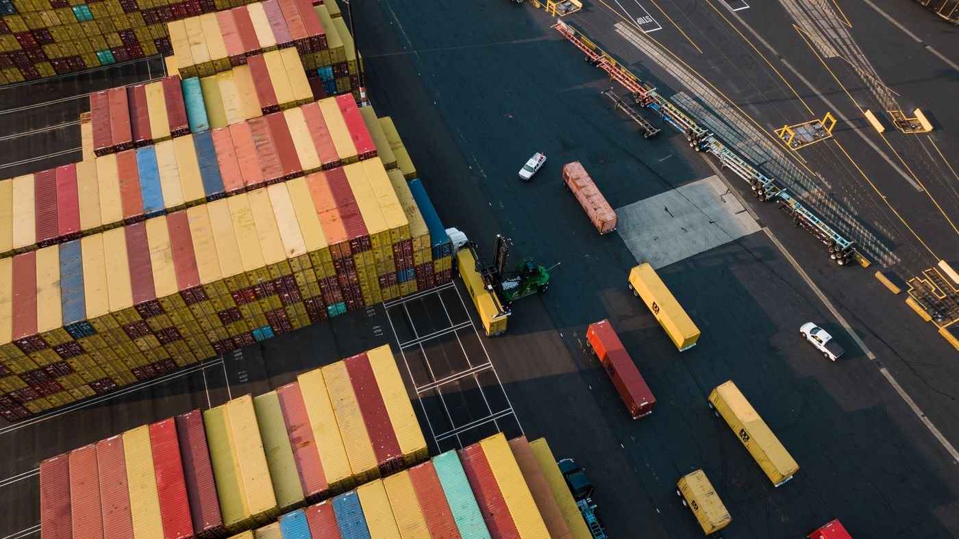 Aerial view of cargo containers at a port