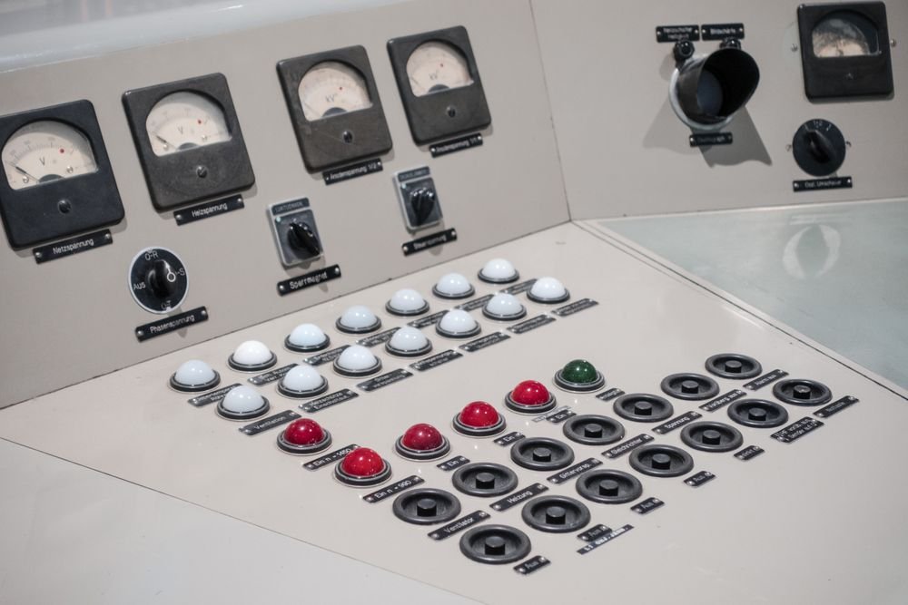 Industrial control panel with gauges and switches