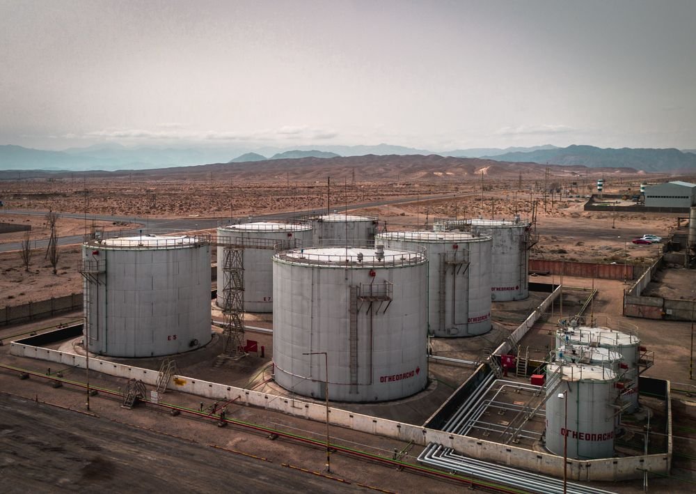 Aerial view of petrochemical storage tanks