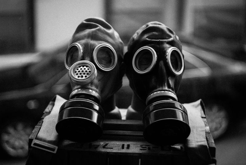 Close-up of gas masks for chemical filtration reference